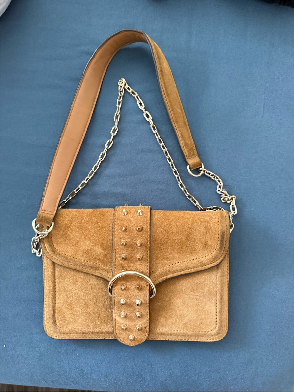 Zara Tan Suede Studded Shoulder Bag with Chain Strap